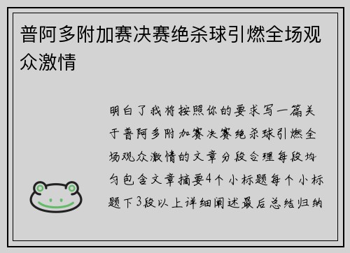 普阿多附加赛决赛绝杀球引燃全场观众激情 普阿多附加赛决赛绝杀球引燃全场观众激情